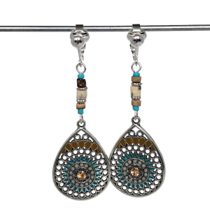 Clipoorbellen boho-chic, druppel turquoise-beige met kraaltjes, hangoorbellen